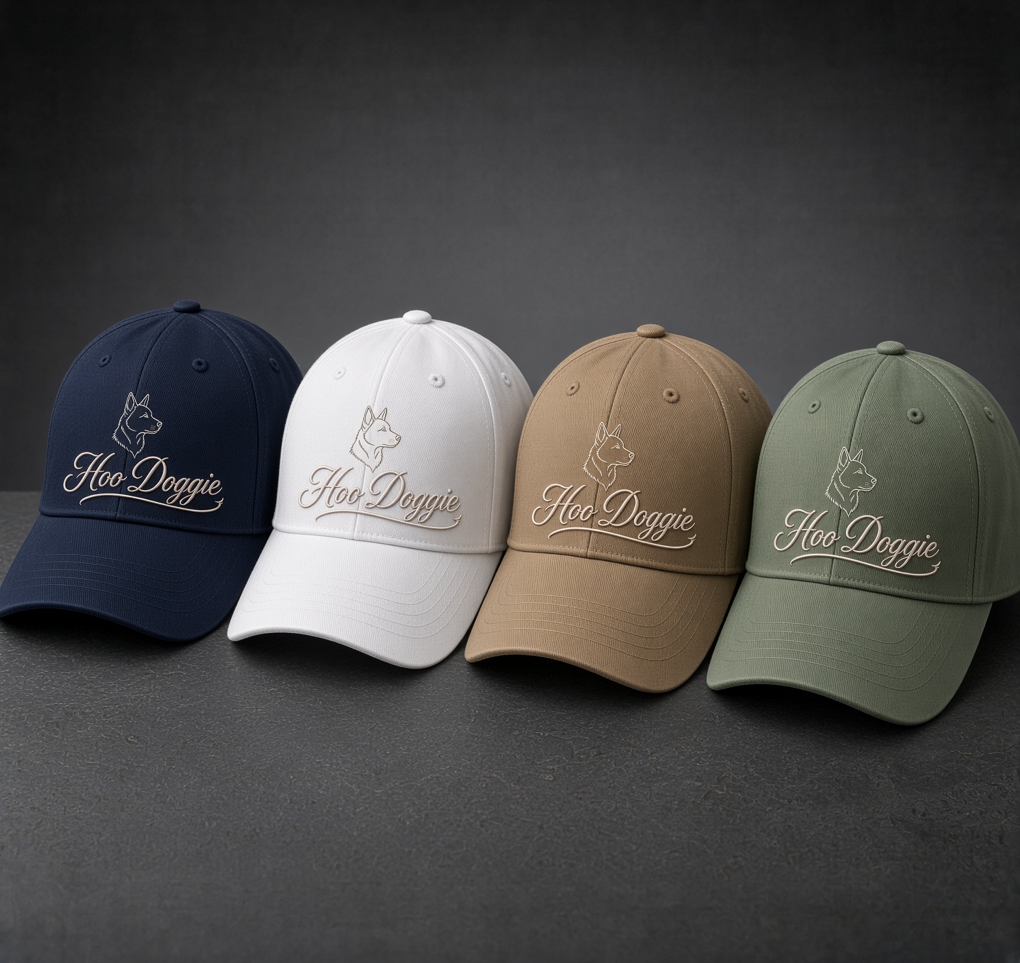 Four Hoo Doggie caps in navy, white, tan and sage, each embroidered with a cream blue heeler head above the Hoo Doggie script