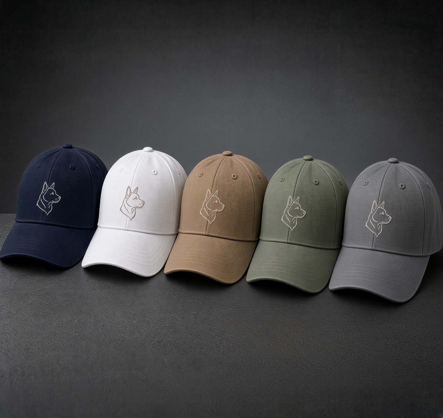 Five Hoo Doggie caps in navy, white, tan, sage and gray, each embroidered with a cream fine-line blue heeler head only
