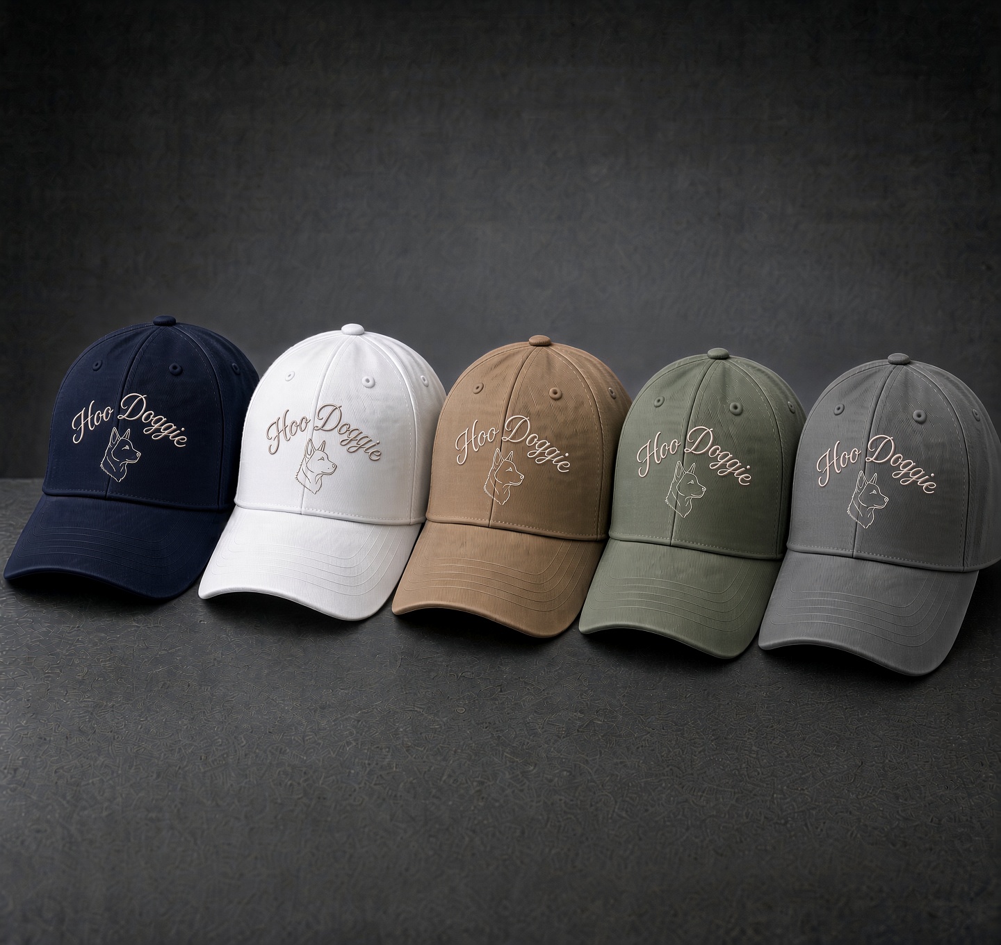 Five Hoo Doggie caps in navy, white, tan, sage and gray, each embroidered with the cream Hoo Doggie script above a small blue heeler head