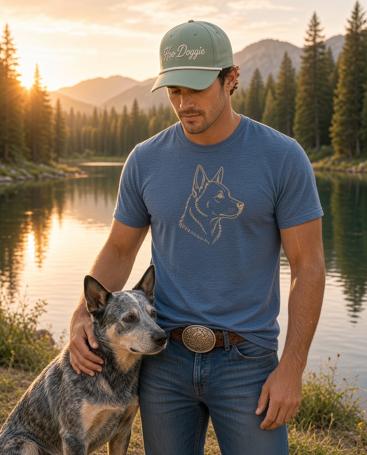Man at a mountain lake at sunset in the Hoo Doggie heeler tee and sage script rope cap with his blue heeler