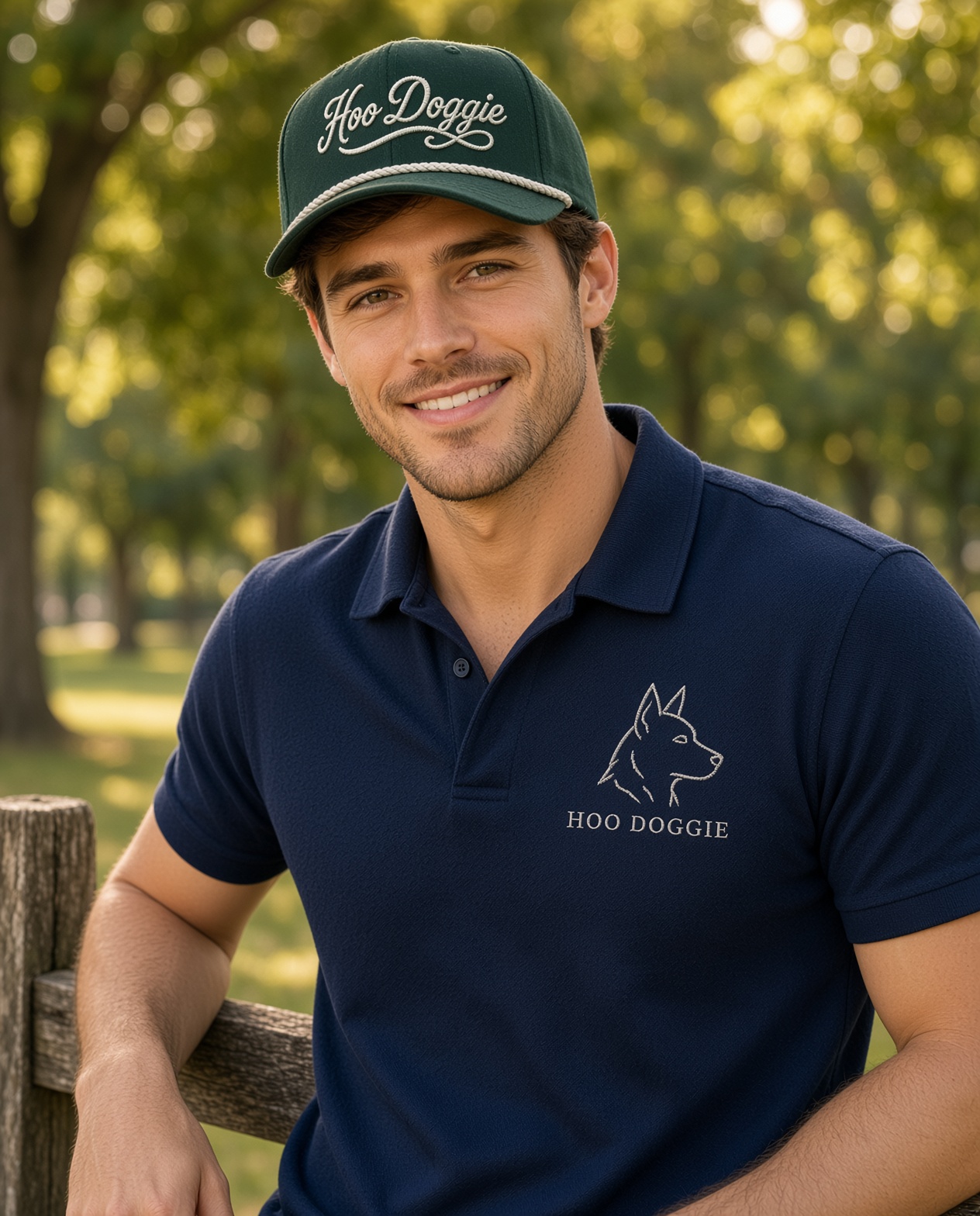 Man in a navy Hoo Doggie heeler polo and forest green script rope cap outdoors
