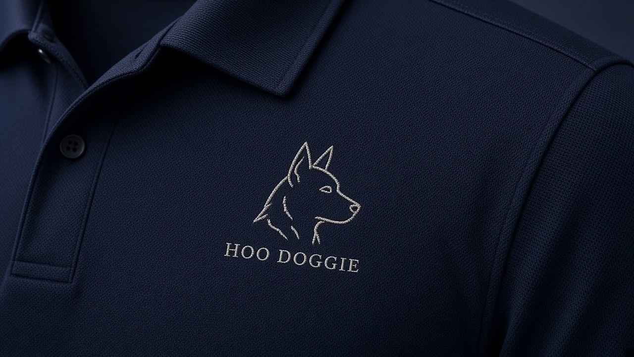 Navy Hoo Doggie polo on the fairway at sunset
