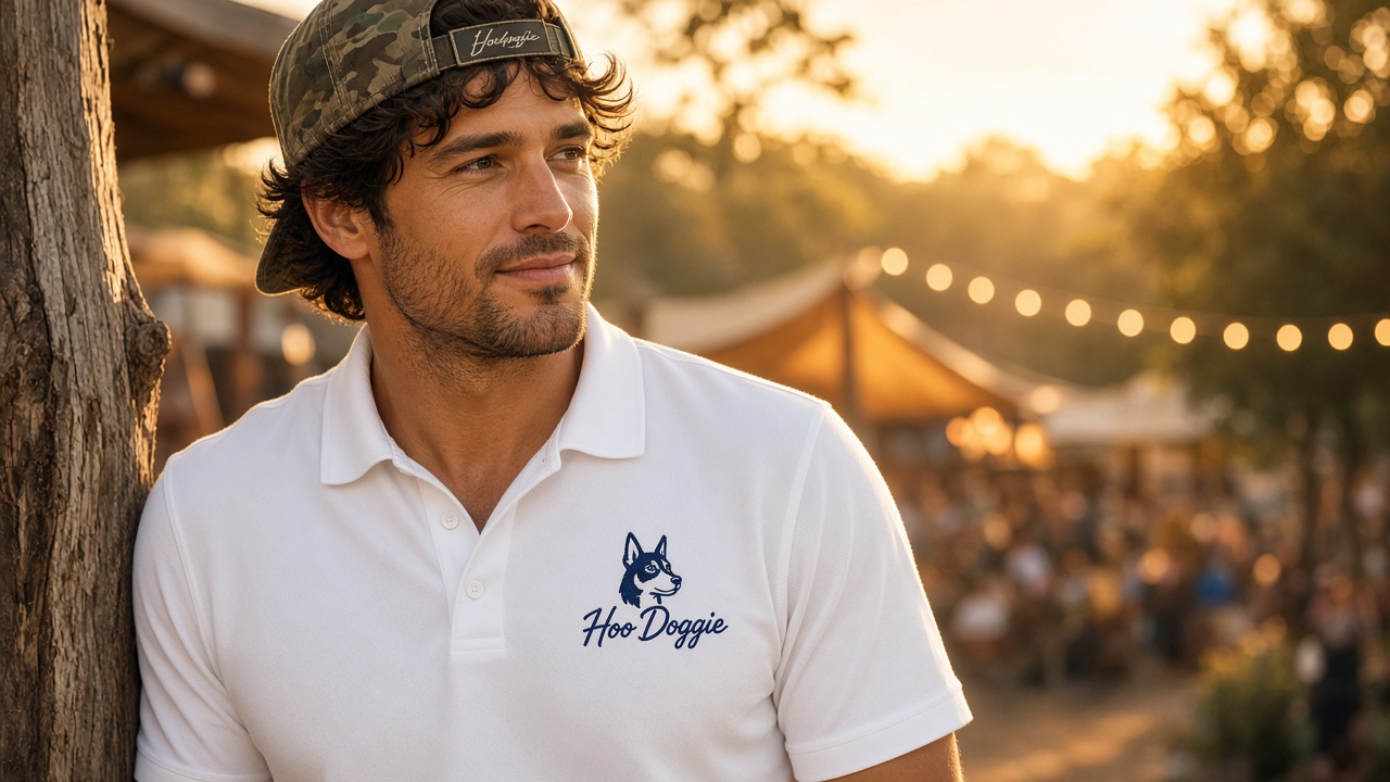 Man in white Hoo Doggie heeler script polo and camo cap outdoors at golden hour