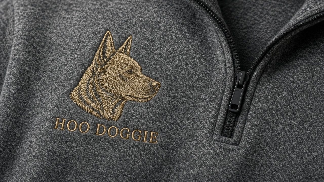 Charcoal quarter-zip on a misty morning course