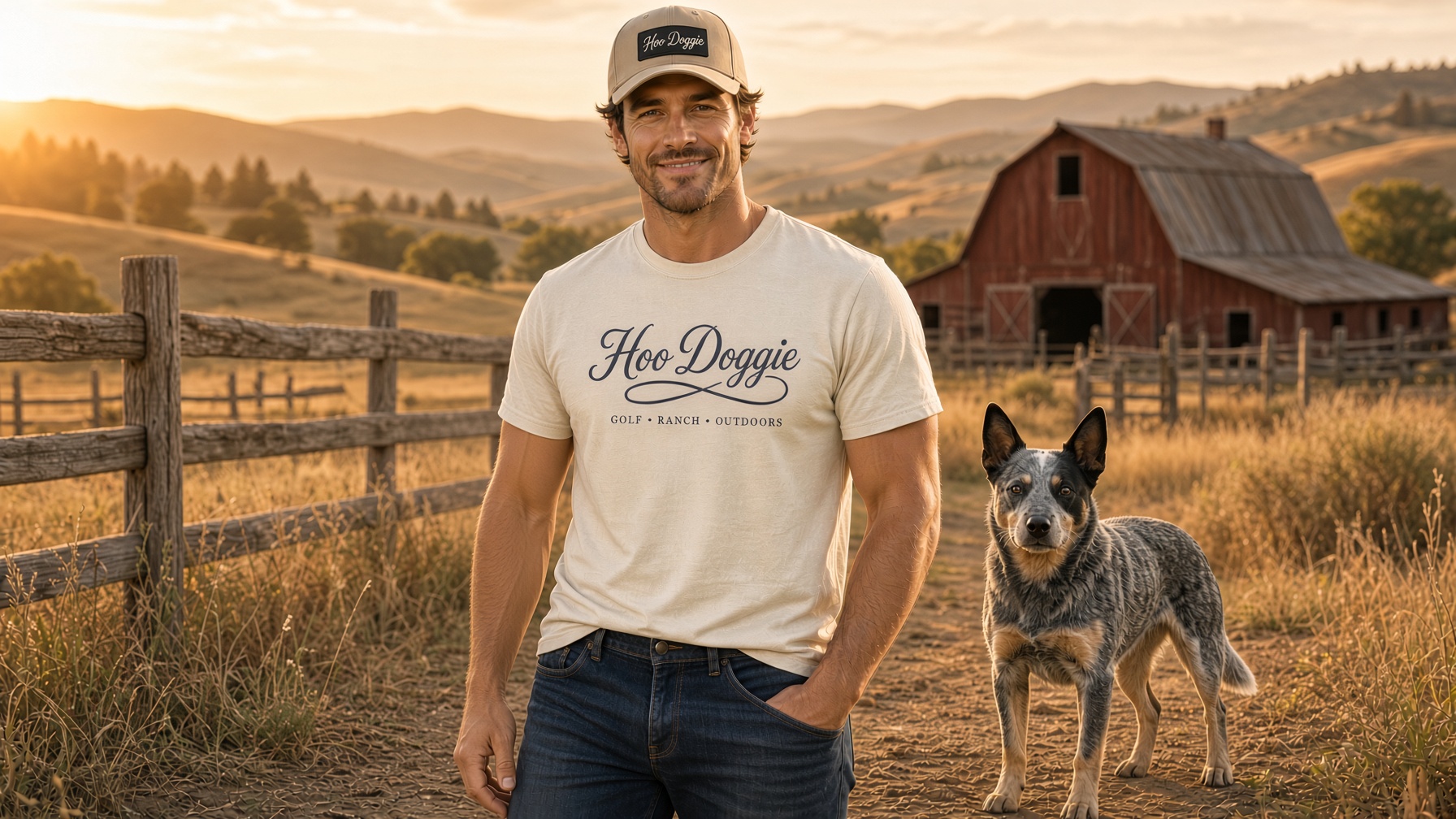 Man and blue heeler on the ranch path by the red barn in a Hoo Doggie tee and tan script cap
