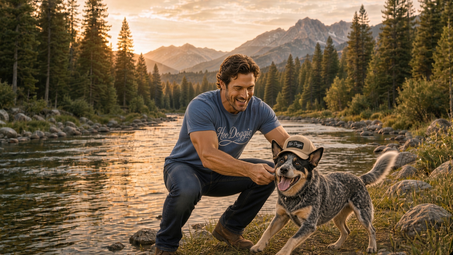 Man by a mountain river at sunset putting a Hoo Doggie cap on his blue heeler