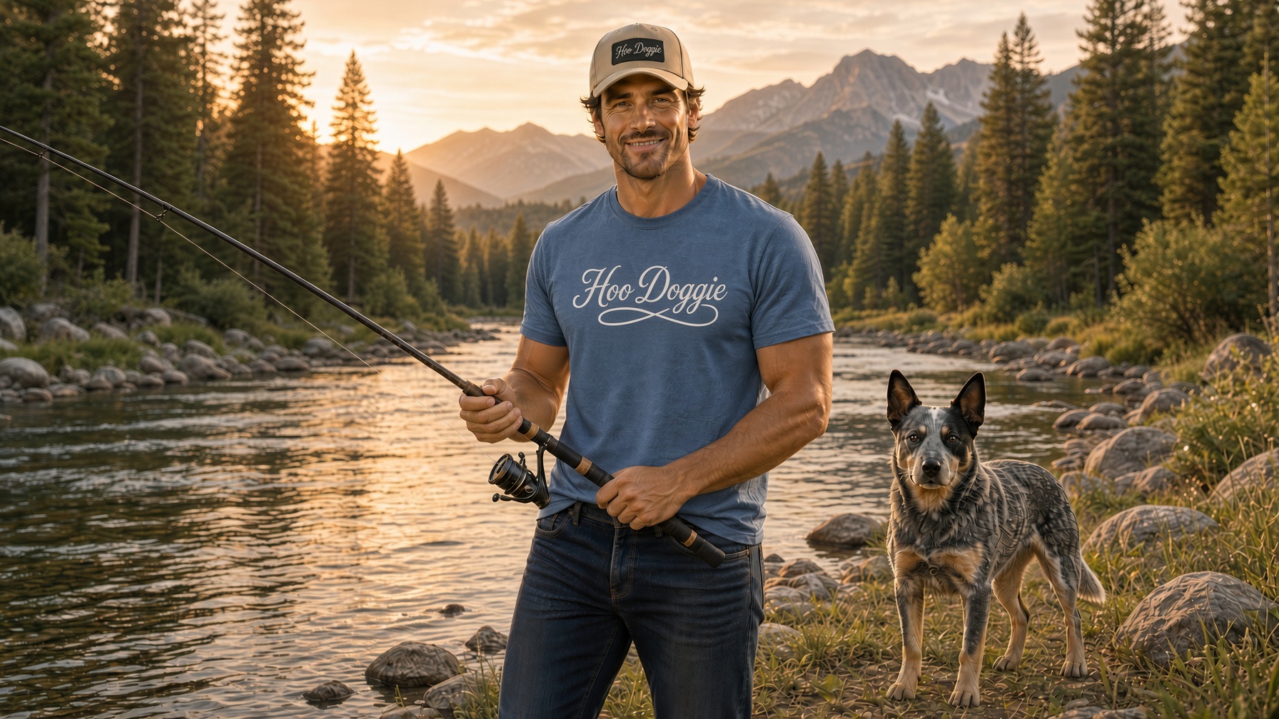 Fishing a mountain river at sunset in the Hoo Doggie script tee with a blue heeler