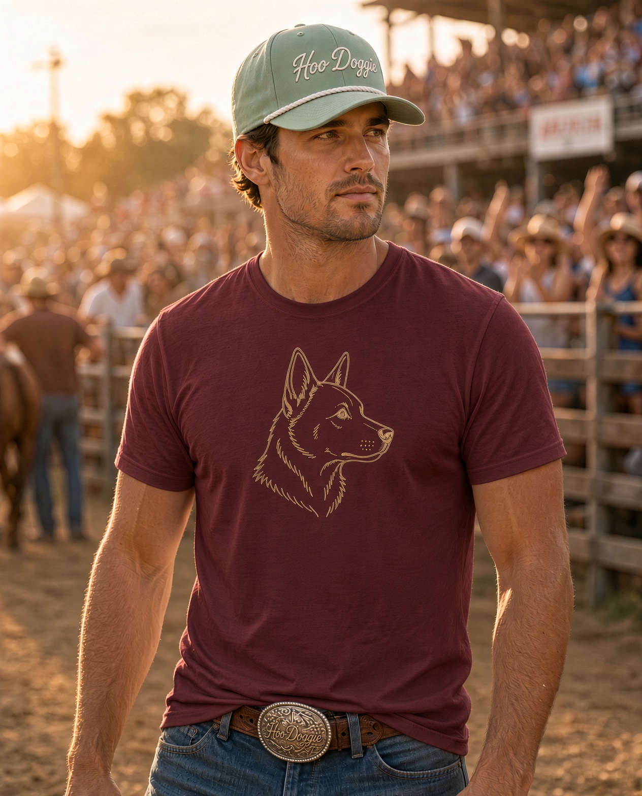 Man in maroon heeler-only crest tee and sage script rope cap at the arena