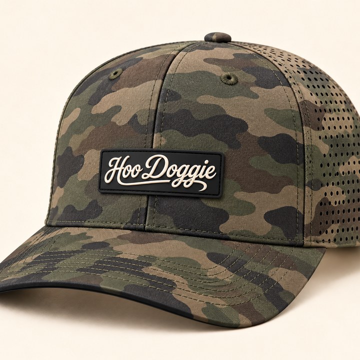 Woodland camo performance cap with a black Hoo Doggie script patch