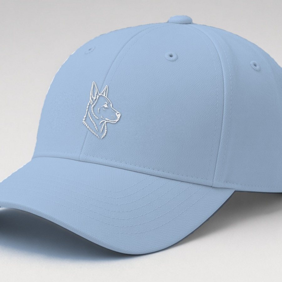 Light blue cap with a white embroidered heeler, no script