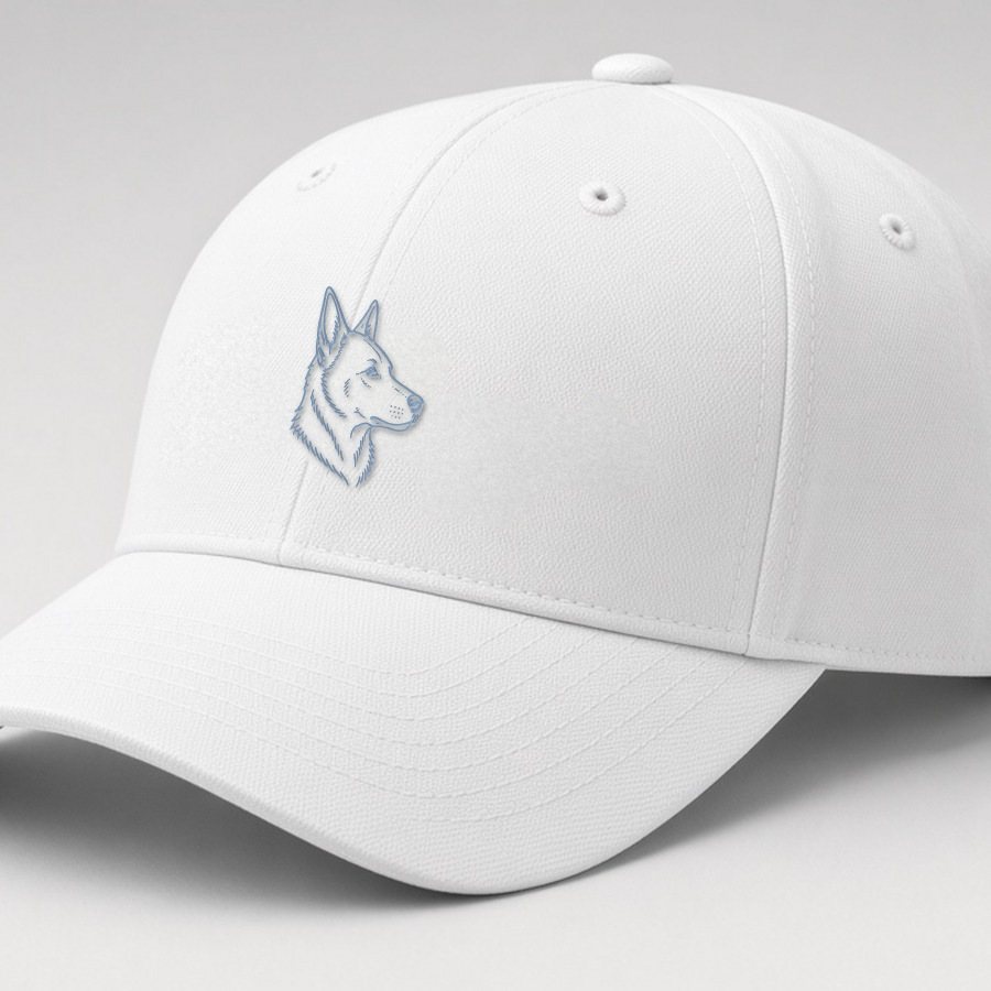 White cap with a light blue embroidered heeler, no script
