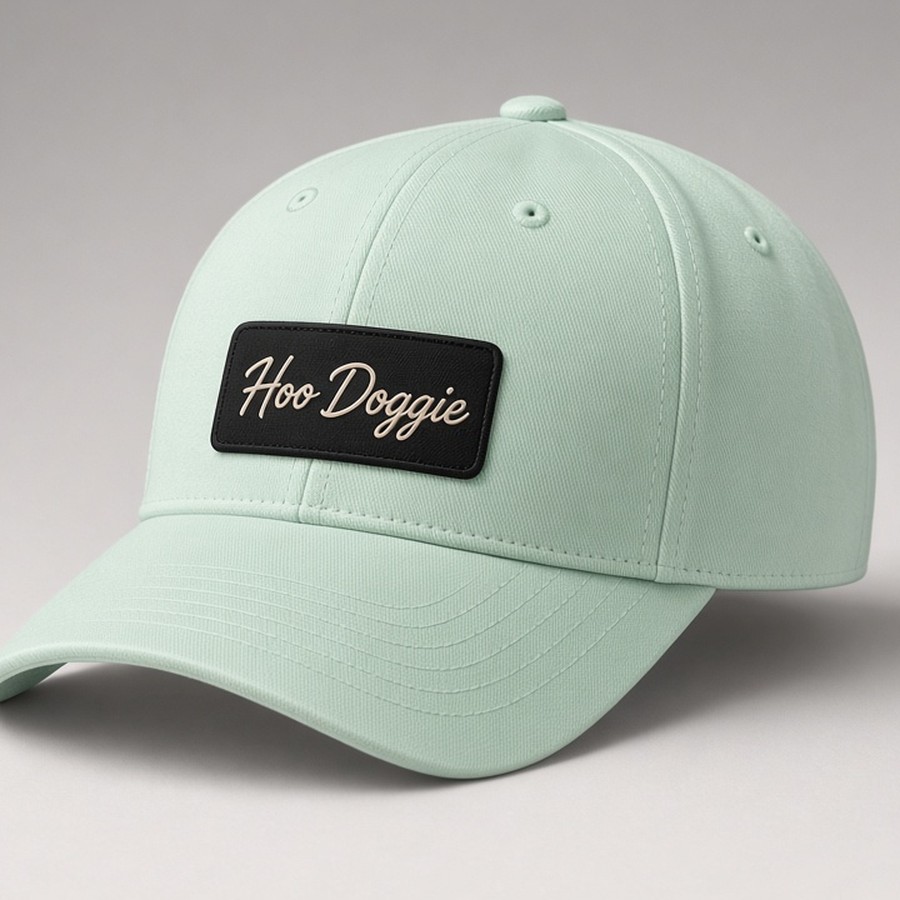 Light green cap with small black Hoo Doggie script patch, no rope