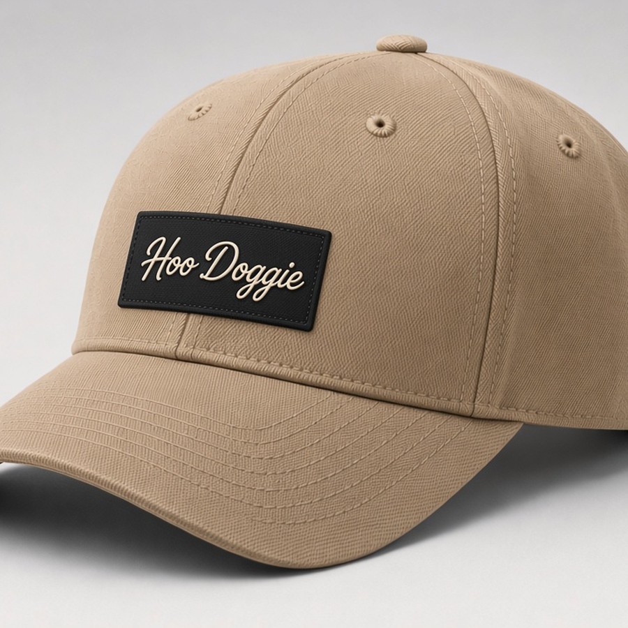 Tan cap with small black Hoo Doggie script patch, no rope