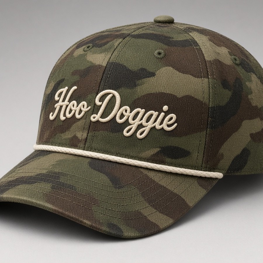 Camo rope cap with large cream Hoo Doggie script