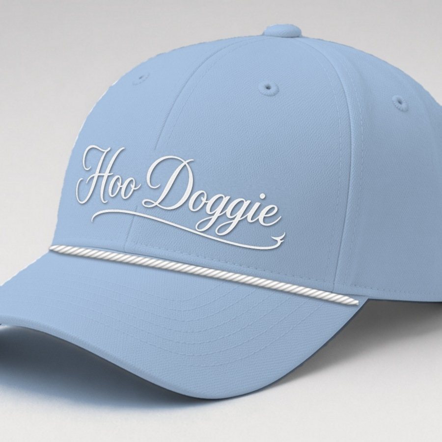 Light blue rope cap with white Hoo Doggie script and white rope