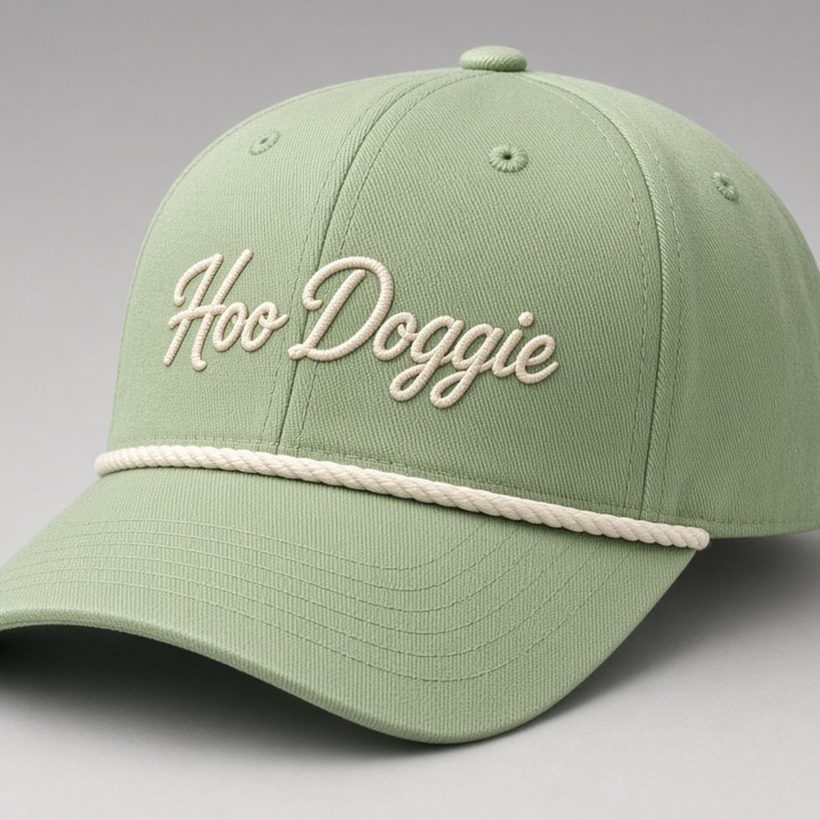 Light green rope cap with large cream Hoo Doggie script