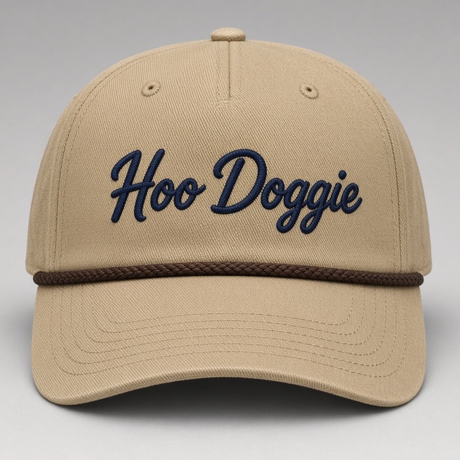 Tan rope cap with large navy Hoo Doggie script