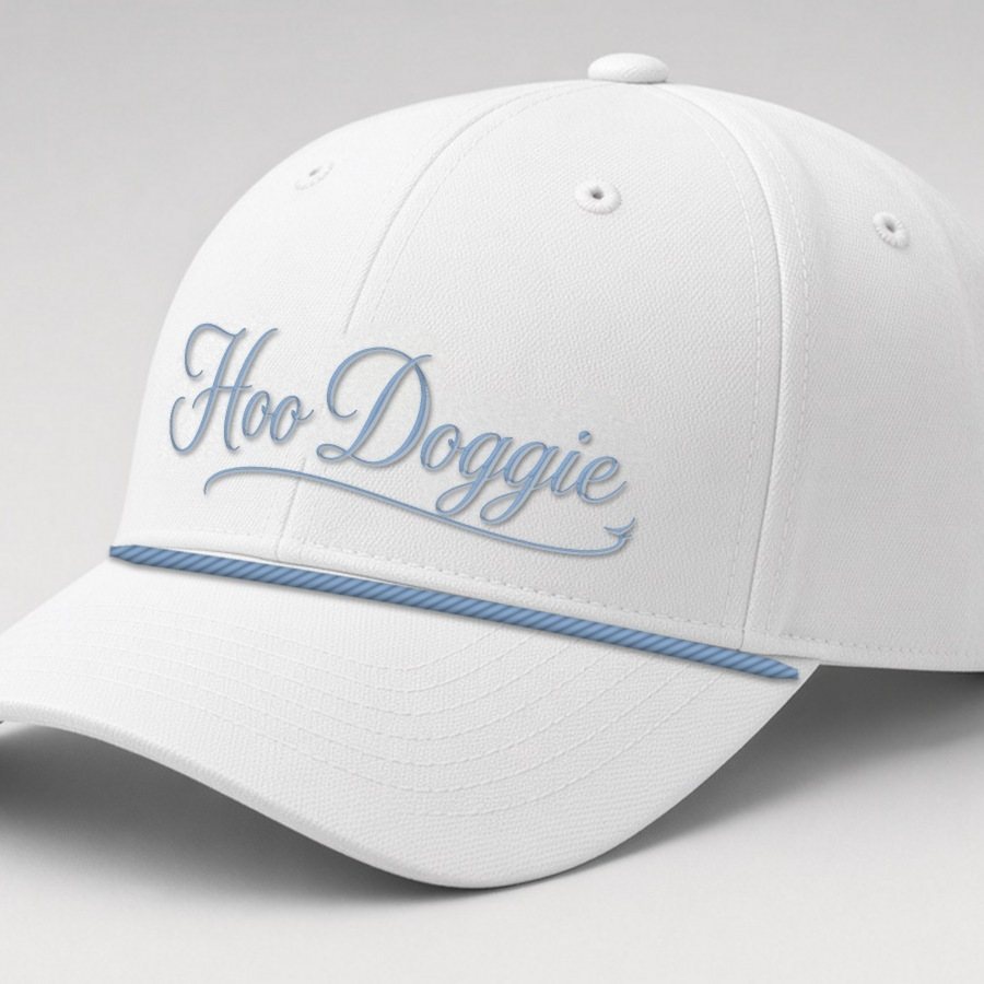White rope cap with light blue Hoo Doggie script and light blue rope