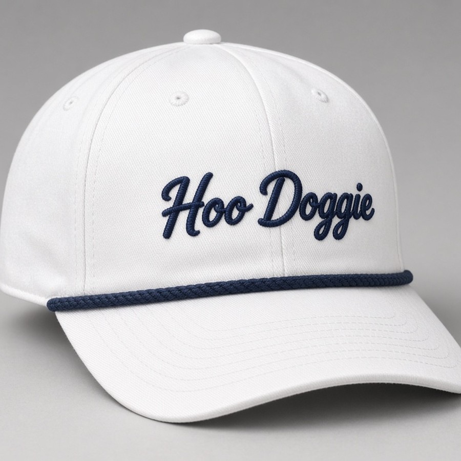White rope cap with large navy Hoo Doggie script