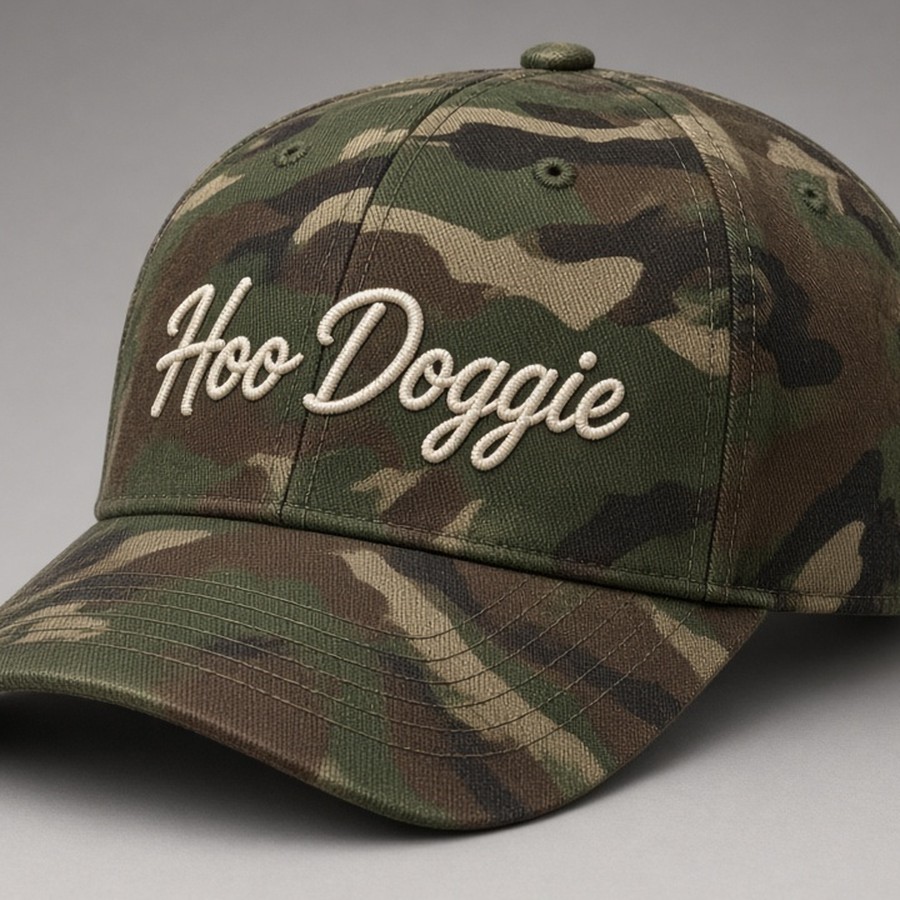 Camo cap with large cream Hoo Doggie script embroidery, no rope