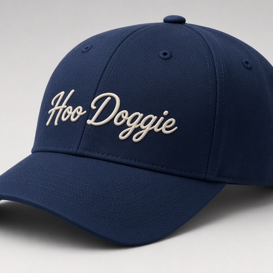 Navy cap with large cream Hoo Doggie script embroidery, no rope
