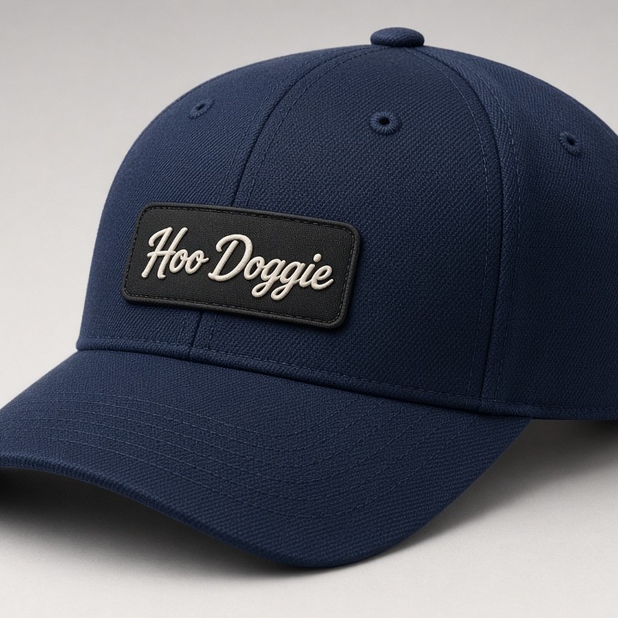 Navy performance cap with small black Hoo Doggie script patch, no rope