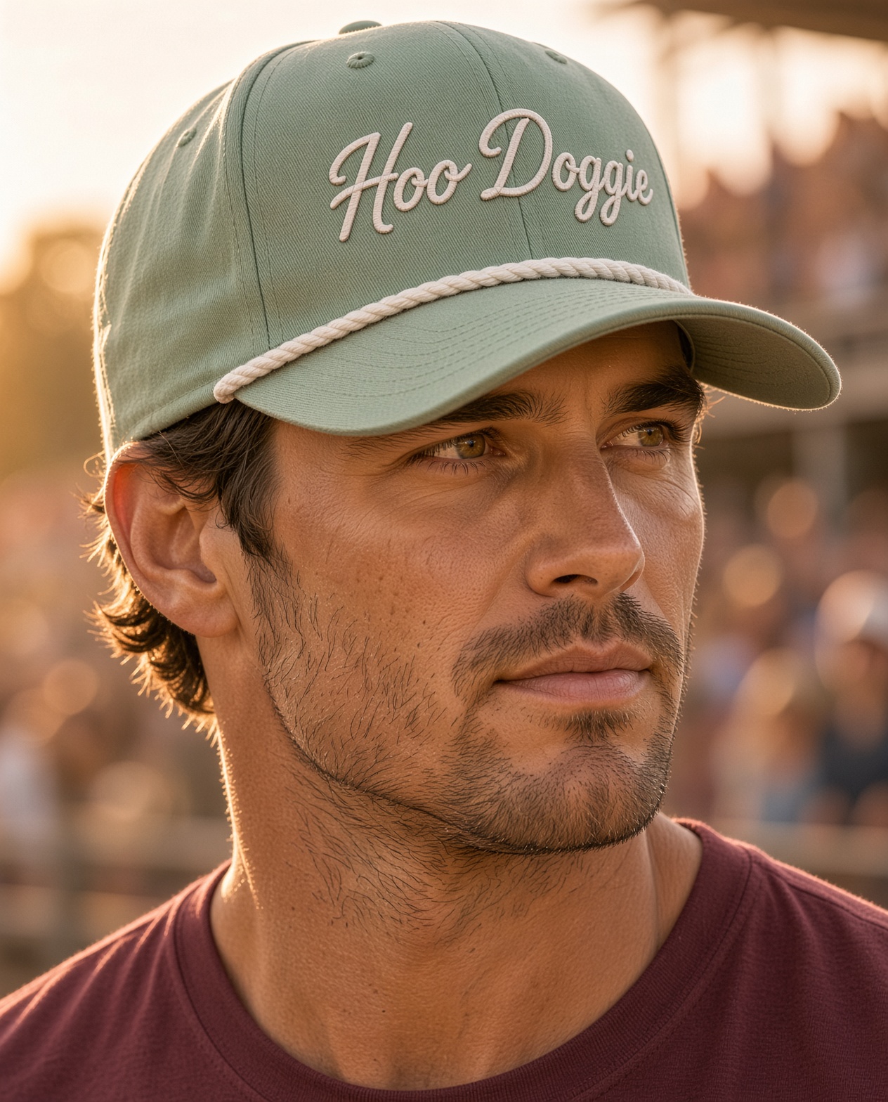 Sage Hoo Doggie script rope cap worn at the rodeo
