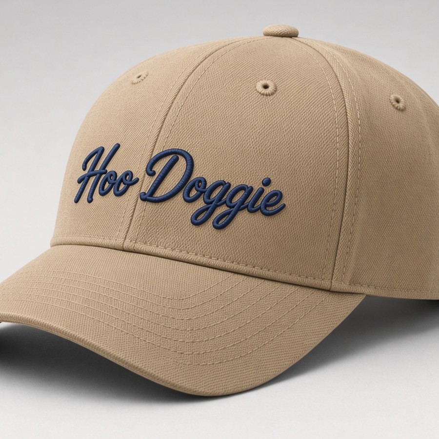 Tan cap with large navy Hoo Doggie script embroidery, no rope