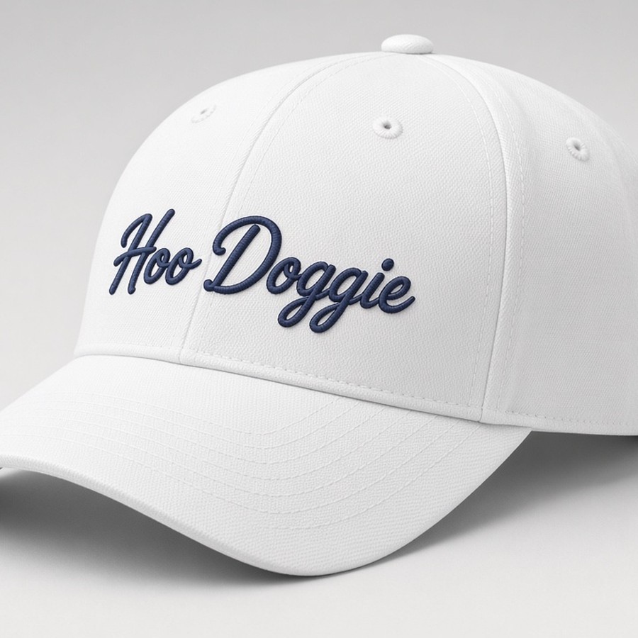 White cap with large navy Hoo Doggie script embroidery, no rope