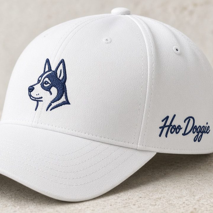 White performance cap with a navy heeler and script side logo