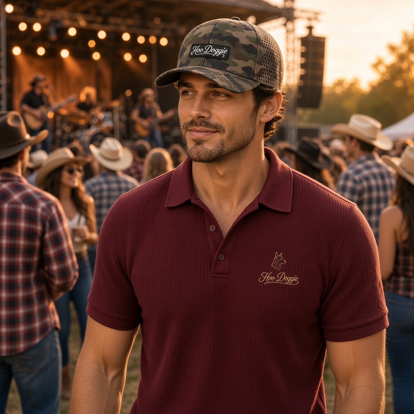 Maroon polo with cream heeler crest above Hoo Doggie script