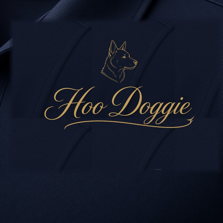 Navy polo with antique gold heeler crest above Hoo Doggie script
