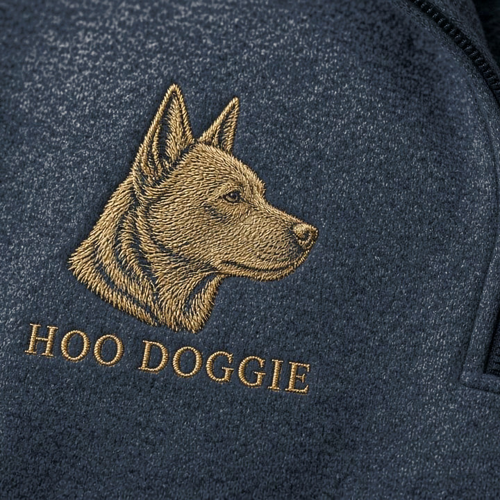 Navy quarter-zip with gold embroidered heeler crest
