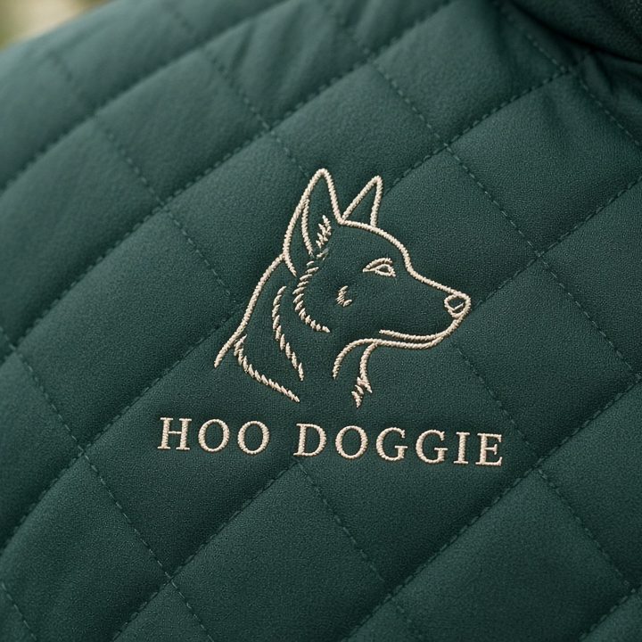 Forest green quilted vest with a cream heeler crest
