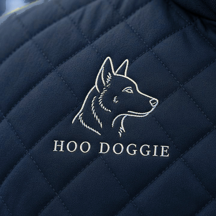 Navy quilted vest with cream heeler crest embroidery